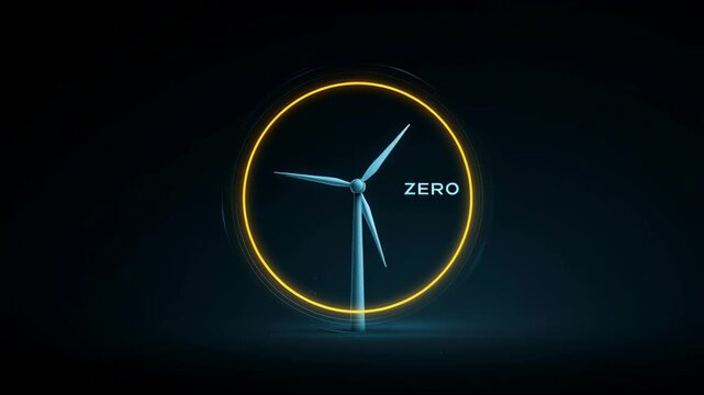 A wind turbine with the word Zero written around it