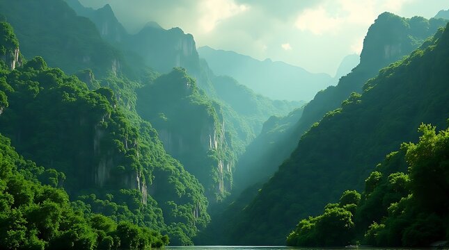 Serene mountain landscape with lush green forest and misty hills - Powered by Adobe