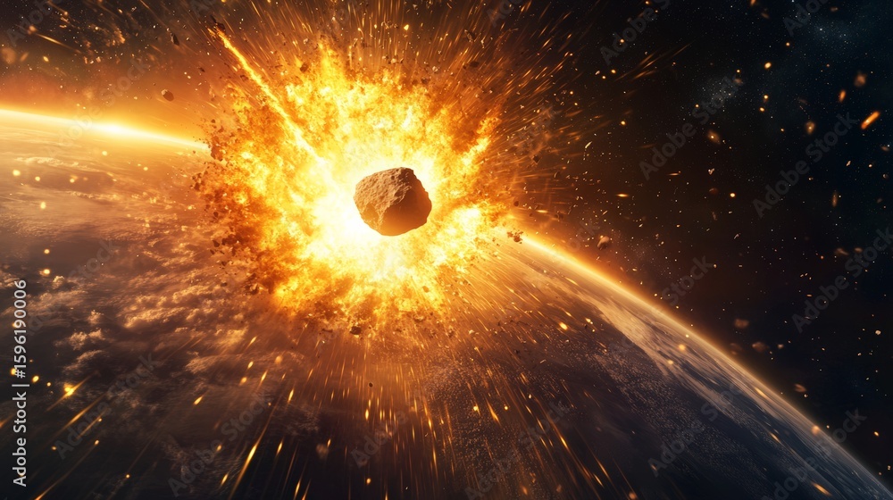 Poster large asteroid colliding with a planet, unleashing a massive explosion. fire and debris erupting in 