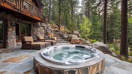 Forest retreat patio with jacuzzi, natural stones, and towering pine trees for a tranquil atmosphere. 
