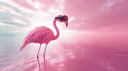 Flamingo experiencing virtual reality in pink tones, blending nature with futuristic technology 