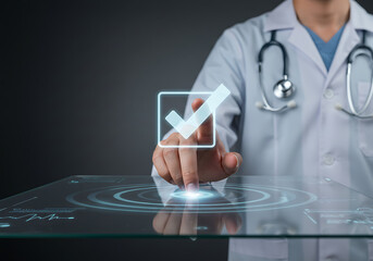 Doctor using futuristic interface, confirming medical data with a digital checkmark.
