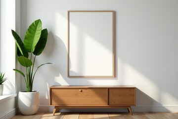 Elegant living room, poster frame mockup, wooden chest, green leaf , style, interior, design