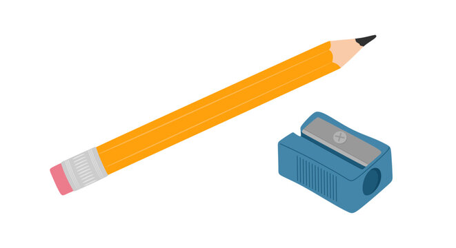 Pencil and sharpener. Stationery accessories, artistic pencil with cleaning eraser with sharpener, sharpening tool isolated. office and school items for writing, drawing. Flat vector illustration