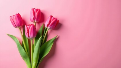 Fototapeta premium Pink tulips bouquet on pink backdrop Perfect for Mother's Day or Women's Day cards , mothers, spring flowers