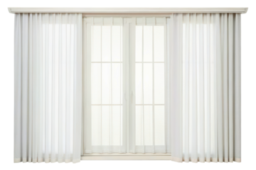 Large white window with beautiful translucent sheer curtains isolated with transparent background
