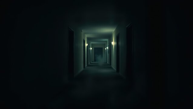 Dark hotel hallway spooky horror scene background wallpaper for haunted house design - Powered by Adobe