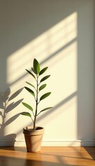 Single plant silhouette cast on wall, peaceful sunlit scene , shadow, aesthetic