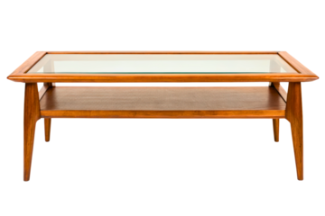 Mid-century modern wooden coffee table with a glass top insert isolated with transparent background