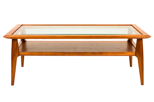 Mid-century modern wooden coffee table with a glass top insert isolated with transparent background