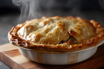 Golden-brown steaming meat pie in a white ceramic dish, ready to be served