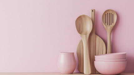 Minimal wooden kitchen utensil mockup on a pastel pink background.