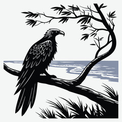 Exotic bird perched on branch with ocean behind image design vector art and illustration