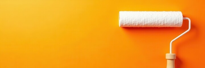 Obraz premium White paint roller on orange wall, copy space , home improvement, bright, design