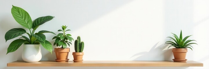 Fototapeta premium White wall backdrop, wooden shelf showcasing lush plants and stylish objects, modern, serene, houseplants
