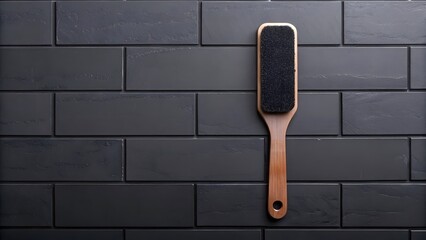 Wooden Foot File on Modern Black Tile Wall Minimalist Spa Accessory