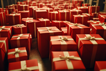 Fototapeta premium Many red gifts with white ribbons are piled high a festive scene