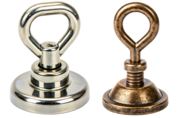 Two powerful industrial eyebolt magnets silver and bronze color isolated with transparent background