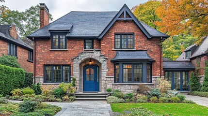 Exterior of brick house with blue front door, creating a welcoming and cozy aesthetic 