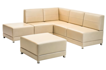 Modern modular sectional sofa in beige leather with an ottoman isolated with transparent background