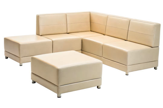 Modern modular sectional sofa in beige leather with an ottoman isolated with transparent background