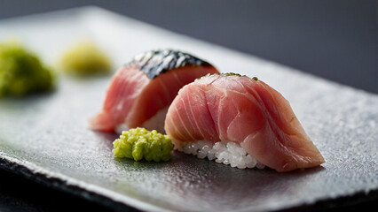 Two pieces of nigiri sushi with fresh fish, served on a dark rectangular plate with wasabi.
