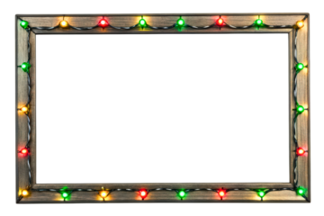 Rustic wooden picture frame decorated with colorful holiday lights isolated with transparent background