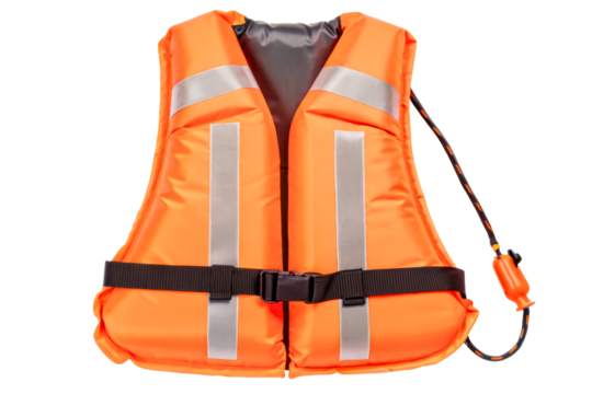 Bright orange personal flotation device life jacket with whistle isolated with transparent background