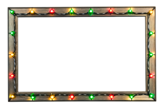 Rustic wooden picture frame decorated with colorful holiday lights isolated with transparent background - Powered by Adobe