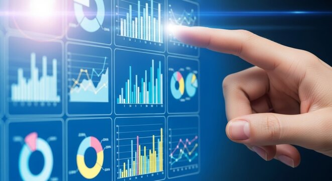 A finger touches a screen displaying business data and financial charts