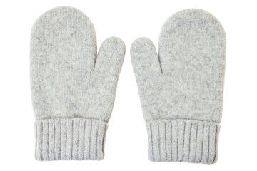 Pair of warm light gray wool knit mittens with ribbed cuffs isolated with transparent background