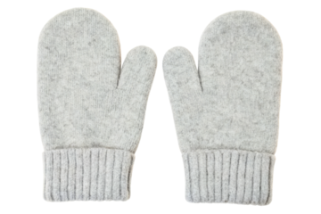Pair of warm light gray wool knit mittens with ribbed cuffs isolated with transparent background