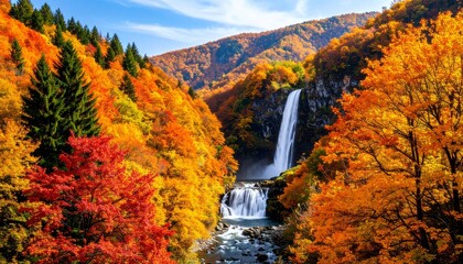 紅葉に囲まれた滝の風景　絶景