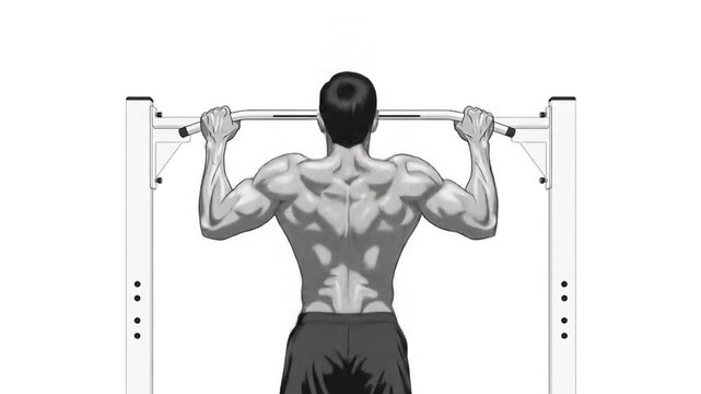 Rear view illustration of a muscular man performing a pull-up exercise on a horizontal bar, showing his back muscles.