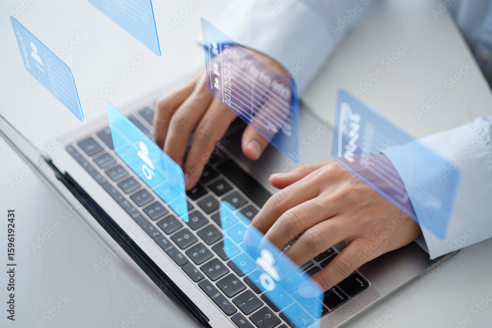 Poster person typing on a laptop with blue digital interface elements floating above the keyboard and hands