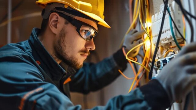 A man in a hard hat works on electrical wires, providing clear and concise information about the image