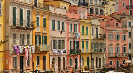Obraz premium Colorful facades and architecture of the historic coastal town of Imperia in Italy