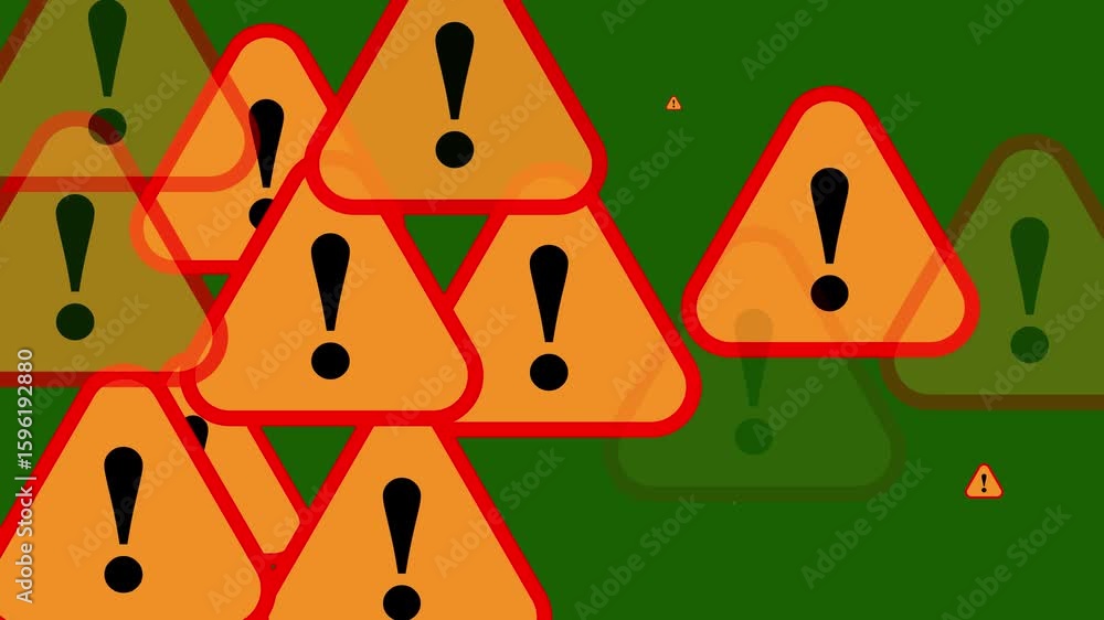 Poster animated warning signs with exclamation marks in red-orange triangles, overlapping motion graphics r