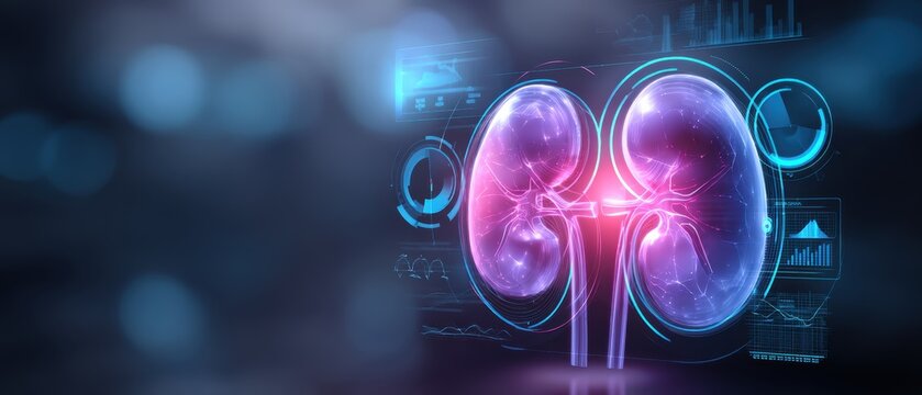 A digital illustration of human kidneys with futuristic medical data and graphics in the background