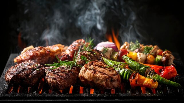 Aromatic grilled meats and vegetables sizzle with smoky flavor, presenting a gourmet barbecue feast. - Powered by Adobe