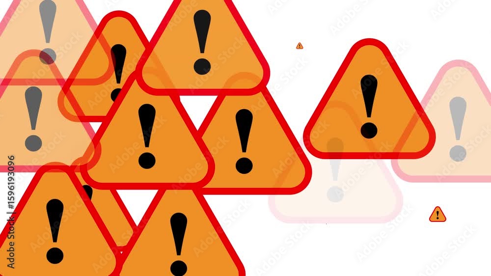 Poster animated warning signs with exclamation marks in red-orange triangles, overlapping motion graphics r