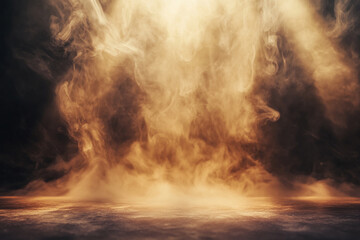 Obraz premium Golden smoke effect on dark background dramatic lighting empty surface