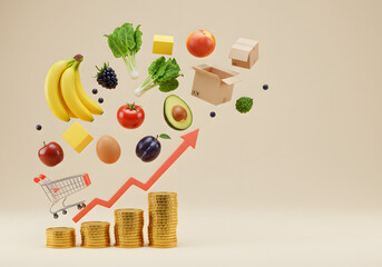 Stacks of coins with upward arrow and floating food items and shopping cart on a beige background