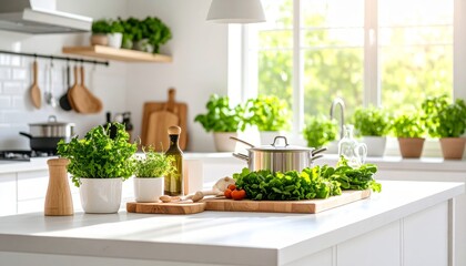 Fototapeta premium Fresh Organic Vegetables in Modern Kitchen with Sunlight and Greenery