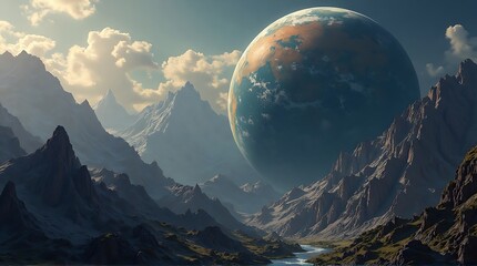 Majestic mountain landscape with a large planet in the sky