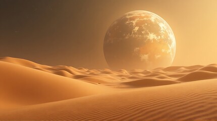 Desert Landscape with Large Planet or Moon in the Background