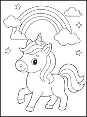 Beautiful Unicorn and Rainbow Scene coloring page for kids. Relaxing Line Art Design for Children to Color and Enjoy