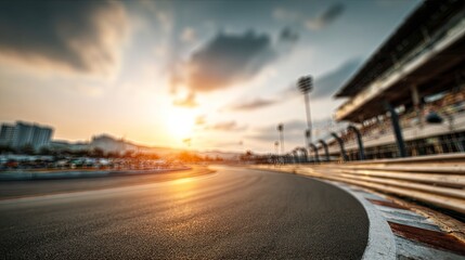 Golden sunlight reflects on an empty race track at sunset with motion blur effect overall scene