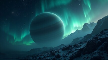 Planet in Space with Green Aurora Lights