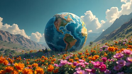 Planet Earth in a field of flowers with mountains